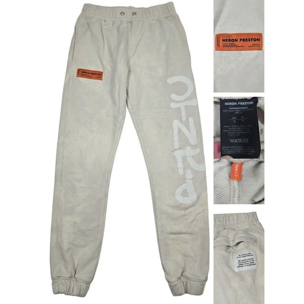 Heron Preston CTNMB Sweatpants Mens S Beige Bleach Acid Wash Graphic Fleece